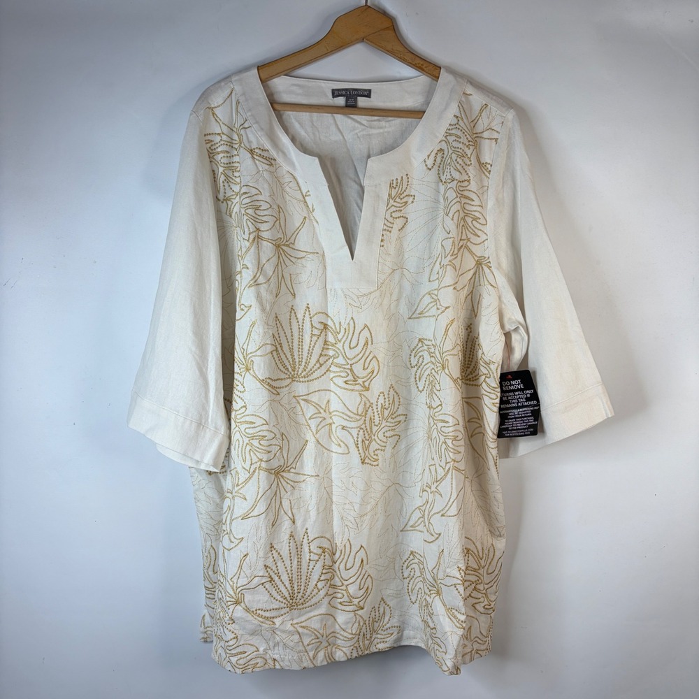Jessica London Tunic Top Womens 26W Ivory Gold Embroidered Linen Blend Relaxed